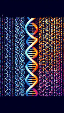 A horizontal pixel art composition of a DNA double helix evolving from simple to complex structures left to right, Ai generated image
