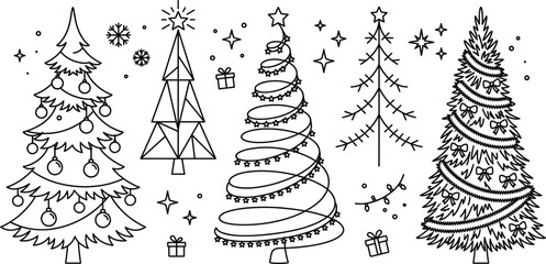 Obraz premium Christmas tree vector line icons set featuring different styles geometric spiral traditional minimalist festive holiday winter celebration elements