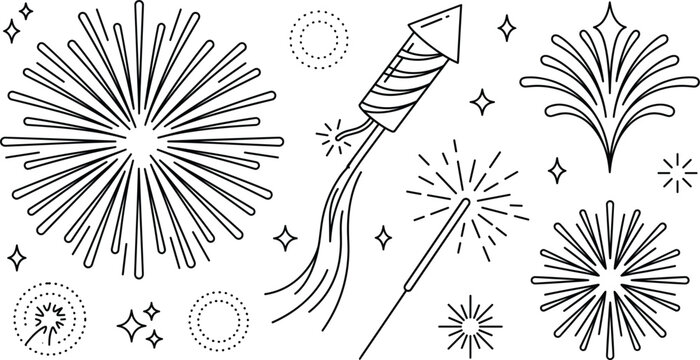 Celebration fireworks doodle vector set with pyrotechnic rocket sparkler firecracker starburst and festive night party lineart burst elements