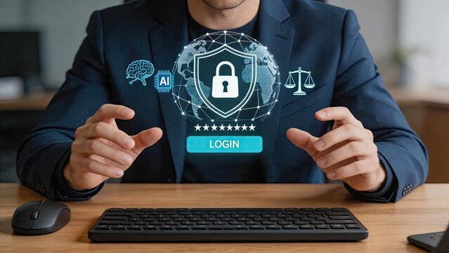 Cybersecurity login interface with holographic shield and lock icon, artificial intelligence brain chip symbol, global network protection and digital privacy security concept,