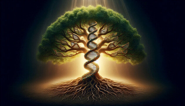 A majestic illustration of a powerful tree whose trunk twists into the form of a double helix, Ai generated image