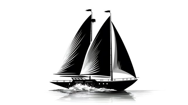 Black and white of a two-masted sailboat on water with white background yacht sailing