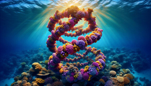 An underwater photography style image of a vibrant coral reef that has naturally grown or been artistically shaped into the form of a giant DNA double helix, Ai generated image