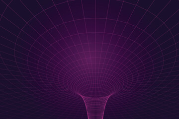 Naklejka premium 3d wireframe cyber funnel vortex with pink grid on dark purple background