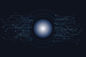Abstract blue circuit board network with central glowing orb technology data