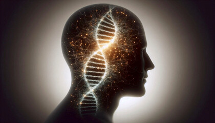 Obraz premium An illustration using the double exposure technique, showing a human silhouette entirely filled and composed of countless intertwined DNA double helices, Ai generated image