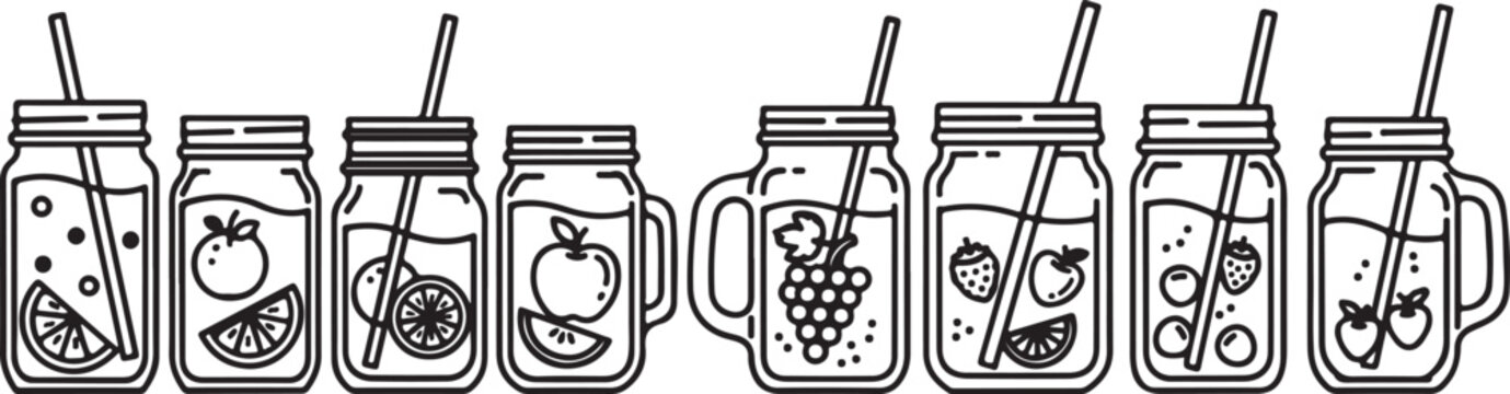 set of Set of eight mason jar drinks with fresh fruit infusions and straws