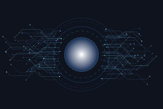 Abstract blue circuit board network with central glowing orb technology data