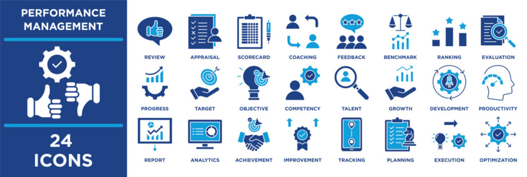 Performance Management icon collection set. Containing progress, target, objective, competency, talent, growth, development. solid vector.