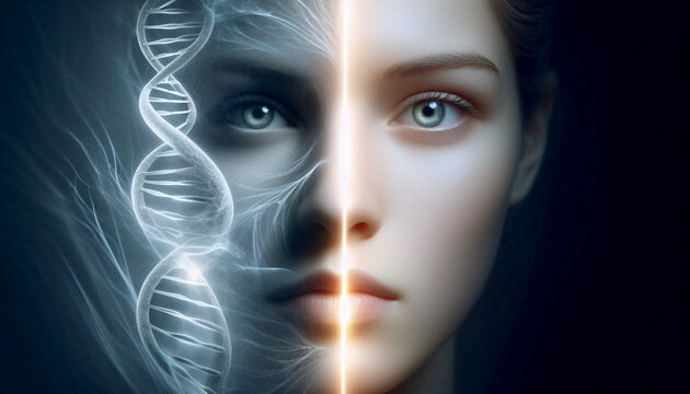 A surreal portrait of a human face vertically divided by a glowing DNA double helix, Ai generated image