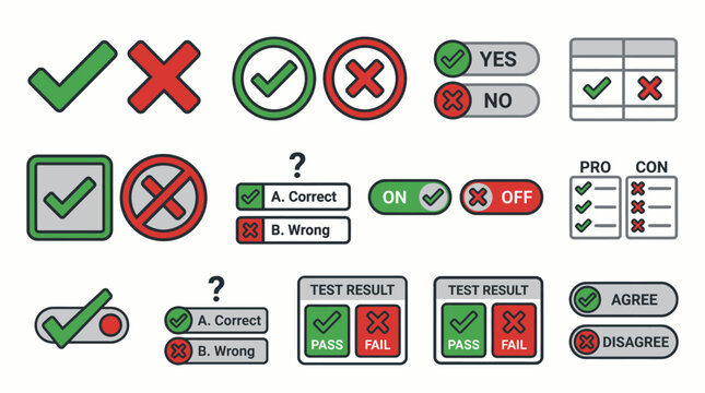 Set of hand drawn check mark and cross mark icons for decision making.