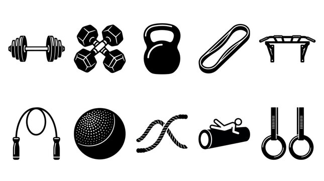 Set of monochrome gym and fitness equipment icons.
