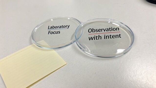 Transparent glass disks with printed text, emphasizing concepts of focus and observation in a laboratory setting on a workstation