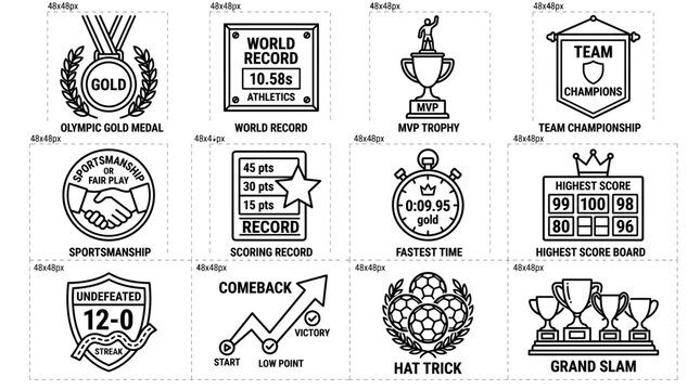 Set of outline sport achievement and competition icons.