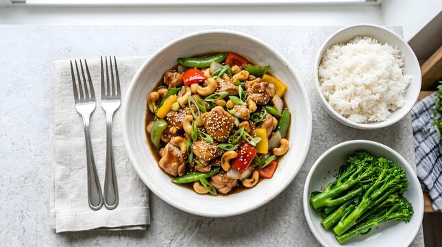 Asian Cashew Chicken Stir-Fry with Rice and Broccolini