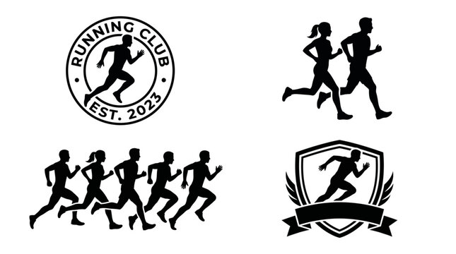 Set of running club logos and athlete silhouettes for sports design.
