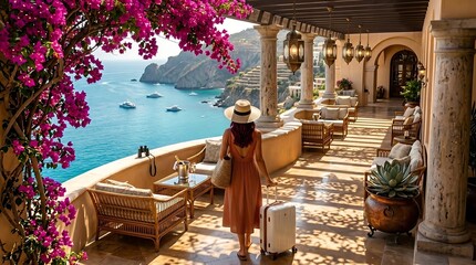 Obraz premium Woman walking with suitcase on luxury balcony overlooking the sea