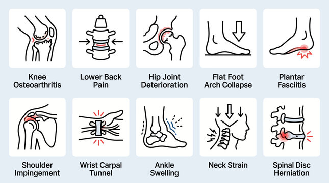 Set of human joint and muscle pain condition medical icons.