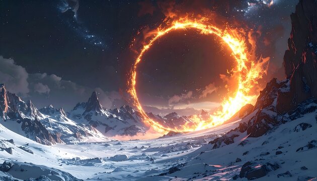 Fiery meteor impact crater with glowing shockwave in snowy mountain landscape at dusk
