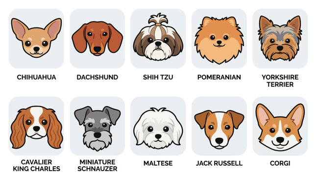 Set of ten cute dog breed head icons collection.