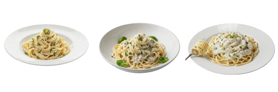 Creamy Pasta Dishes with Herbs Served on White Plates Isolated on White Background: Gourmet Italian Style Noodles for Restaurant Menus and Food Advertising