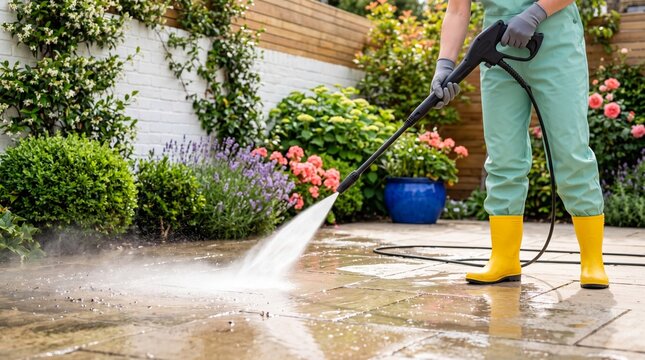 Person cleaning a stone patio with a pressure washer in a blooming garden, showing outdoor maintenance, spring cleaning, home care, and hygiene.