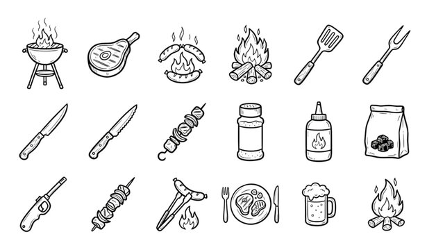 Hand drawn barbecue doodle elements set for seamless pattern grill food vector collection