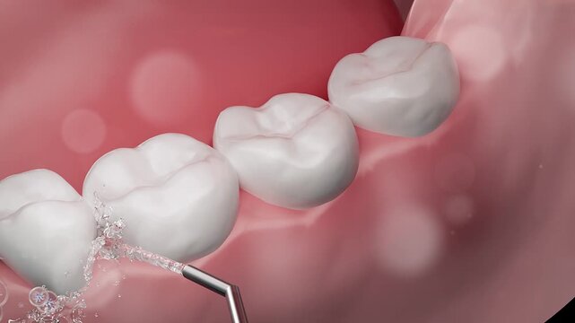 Water from an oral irrigator cleans between teeth to prevent periodontitis. Mouthwash or toothpaste containing plant extracts freshens breath and promotes gum health. Oral hygiene product ads. 3D.