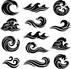 Fototapeta premium Vector icon set of abstract black water wave silhouettes, perfect for marine design, ocean surf illustrations, and summer sea graphic symbols.
