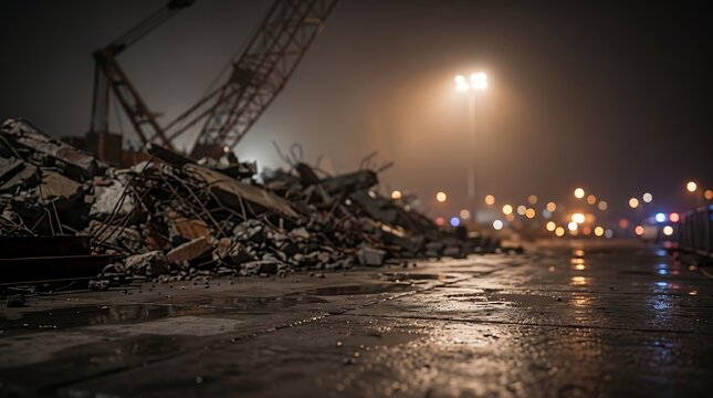 Industrial demolition site with rubble and crane at night