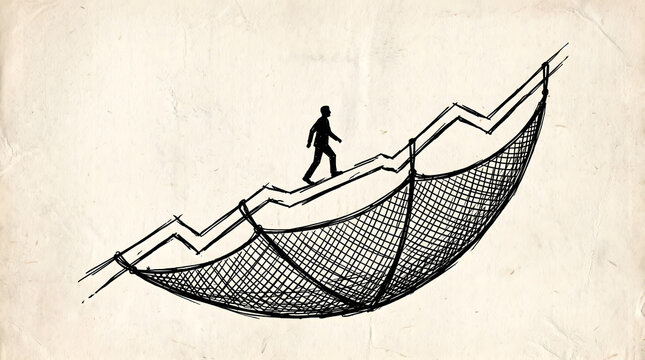 A man walks carefully along a rising financial graph supported by a safety net underneath