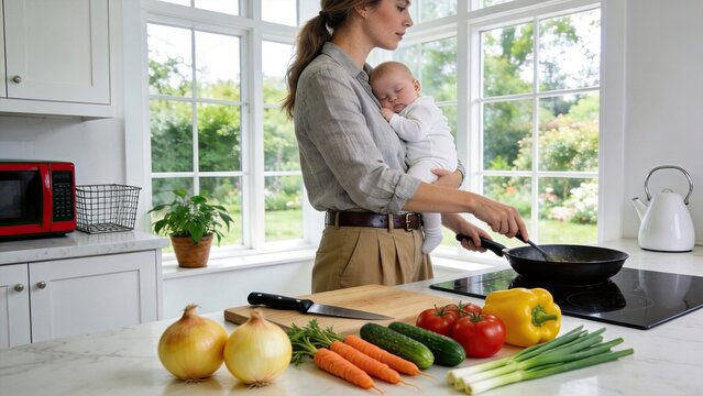 Multitasking mother cooking in kitchen while holding sleeping baby, fresh vegetables on table, work life balance concept, healthy eating, family lifestyle, parenting, home interior