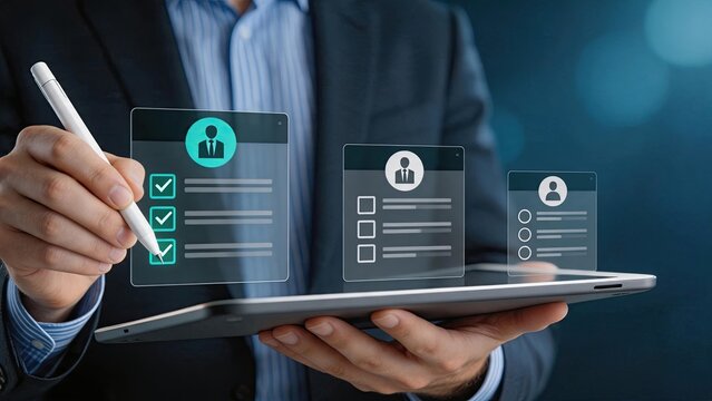 Businessman using tablet with holographic checklist interface, human resources management, recruitment process, candidate selection, hiring, employee evaluation, digital