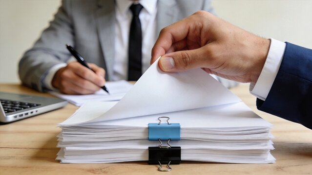 Businessman signing legal contract document while partner reviews stack of paperwork files on wooden desk in modern office, professional corporate agreement concept.