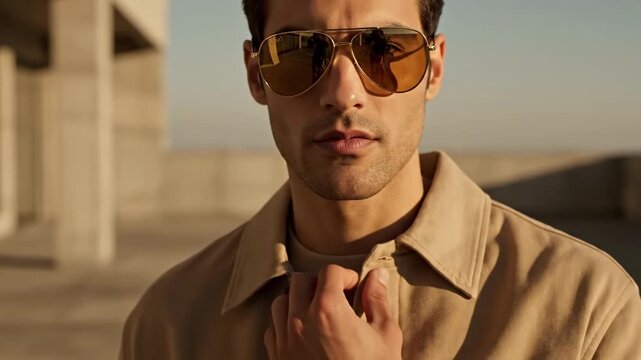 Warm desert resort portrait of a stylish male model wearing bronze aviator shades for sunglasses day, beige coat, sunlit architecture, polished travel fashion mood and premium editorial eyewear style
