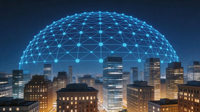 Futuristic smart city skyline at night covered by glowing blue digital network dome, connected nodes representing IoT internet of things, wireless communication technology
