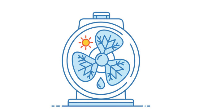 Cooling Fan with Sun, Snowflakes, and Water Drop: Summer Heat Relief Concept
