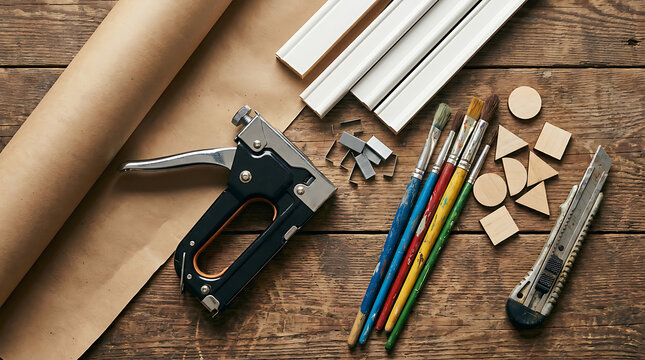 DIY Craft Project Tools Including A Staple Gun Paintbrushes And Paper On A Rustic Wooden Table