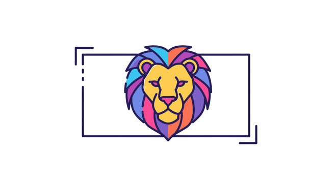 Colorful Lion Head Emblem with Geometric Frame - Modern Abstract Animal Icon