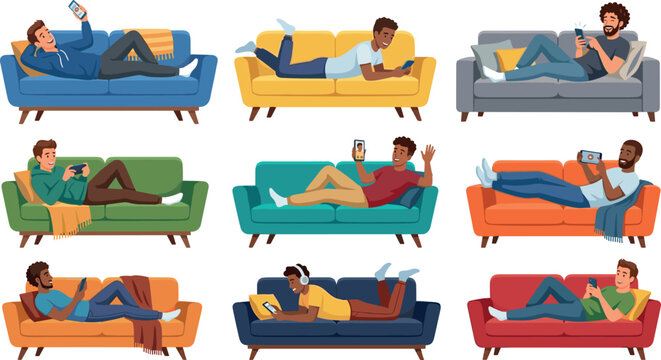 Young Men Relaxing on Sofas Vector Character Set Featuring People Lying Down, Using Smartphones, Gaming, and Texting for Modern Lifestyle and Tech Graphic Designs