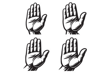 Fototapeta premium Simple hand drawn sketch vector art of four human hand gestures with raised hands, designed in minimal icon style for communication, support, and expression themes.