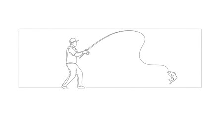 Fototapeta premium Fisherman reeling in a large fish on a curved fishing rod, continuous line drawing