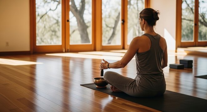 Woman meditating on yoga mat indoors.