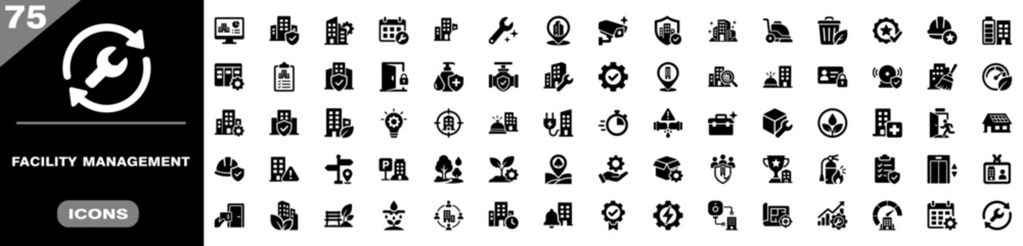 Set of 75 facility management icons, vector illustration