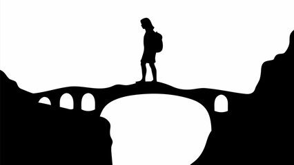 Silhouette of a traveler crossing an ancient stone arched bridge at sunset with rugged landscape and historic architecture evoking adventure exploration © Rafi