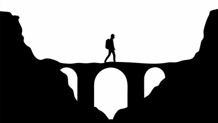 Silhouette of a traveler crossing an ancient stone bridge in a minimalist black and white scene with dramatic natural landscape background for adventure © Rafi