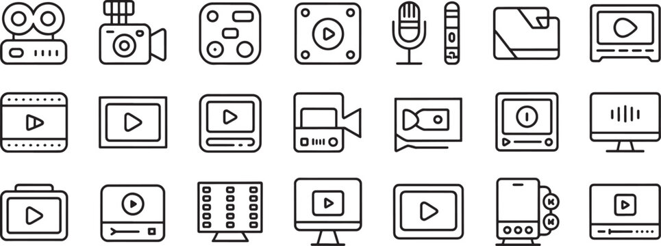 Video Camera, Web Browser, Microphone, and Screen Icons Set for Media Sharing and Digital Communication Ui Design