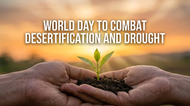 Hands holding a young plant with soil celebrating world day to combat desertification and drought