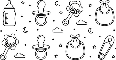 Cute newborn baby care line art vector elements set featuring feeding bottle pacifier rattle bib and safety pin