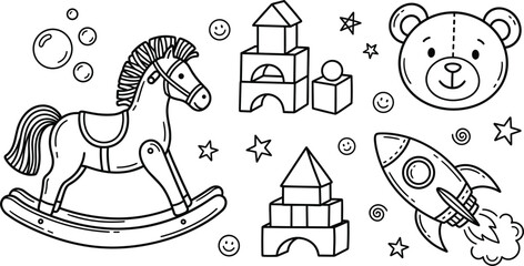 Cute nursery toys line art vector elements set featuring rocking horse wooden building blocks teddy bear and rocket © MD